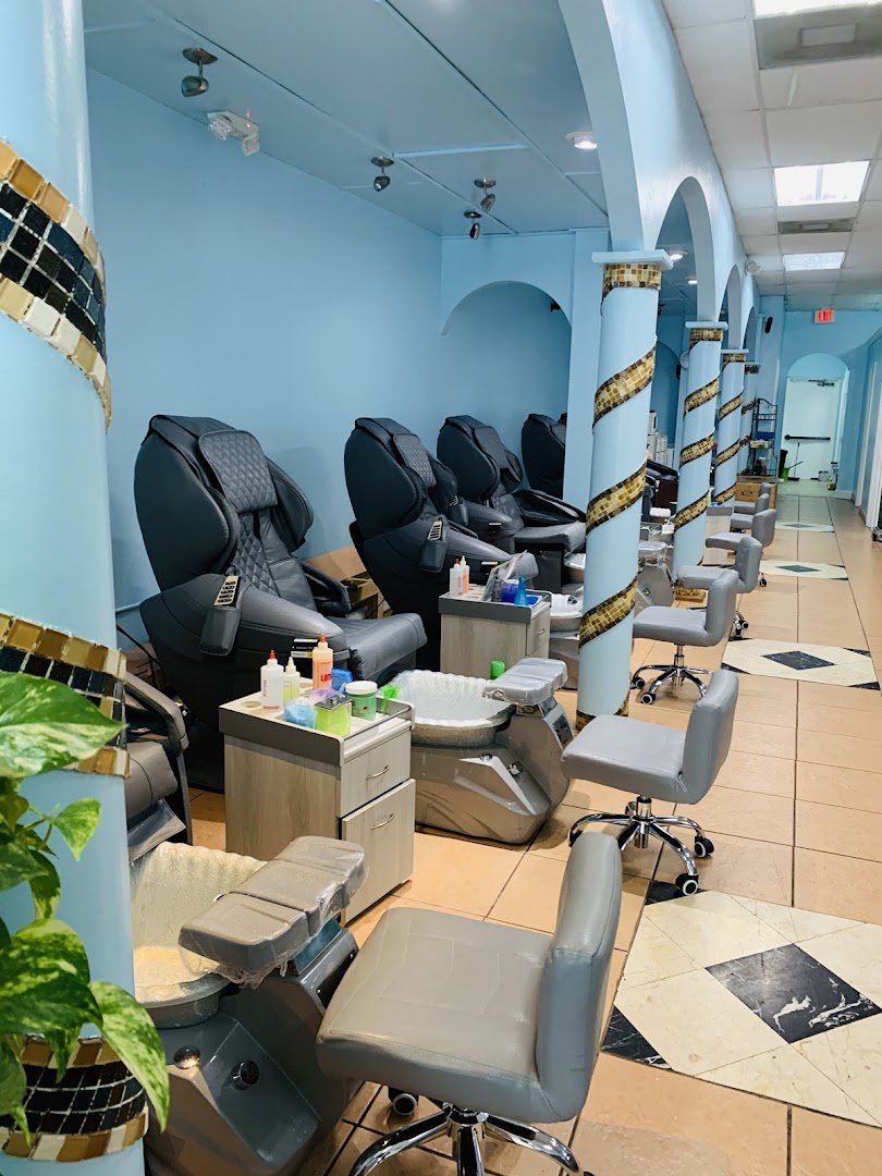 Manicure station with polished nail tools.