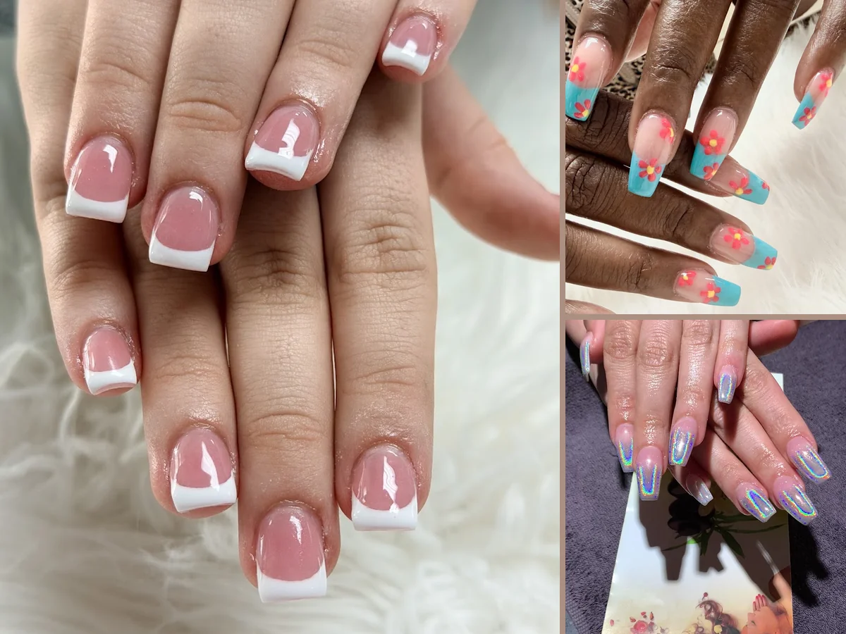 Colorful nail display near salon seating.