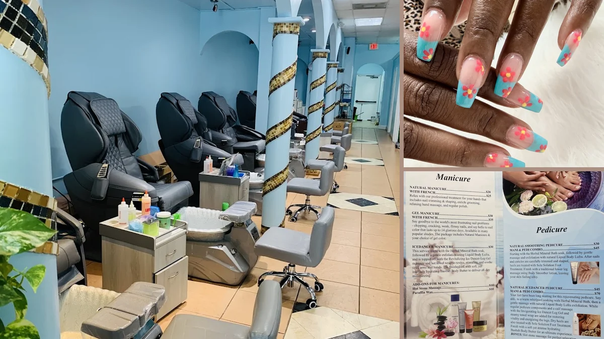 Colorful nail display near salon seating.
